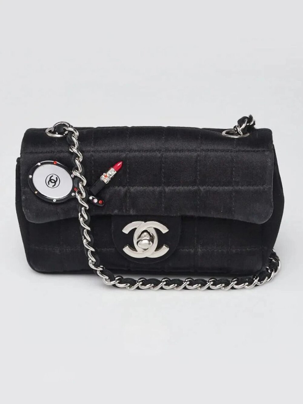 Chanel Black Square Quilted Satin Charms Mini Flap Bag